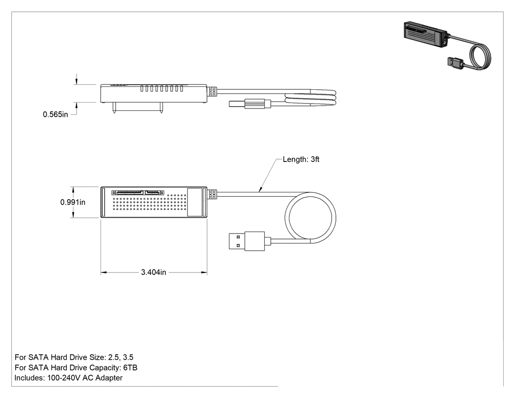 Teknik Çizim - USB Adaptör Kablosu, A Fiş x Standart Sata Soket, 3 Fit Uzunluk