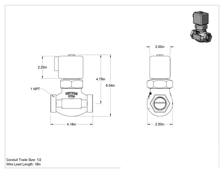 Teknik Çizim - PTFE Contalı 316 Paslanmaz Çelik Solenoid Açma/Kapama Valfi, Soğutucu ve Deterjan için, 1 NPT Dişi