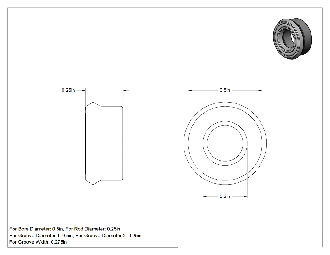 Teknik Çizim - Yüksek Kararlılık O-Ring Yüklü U-Kup Contası, 0.275" Oluk Genişliği için, 0.25" İç Çap x 0.5" Dış Çap x 0.25" Genişlik