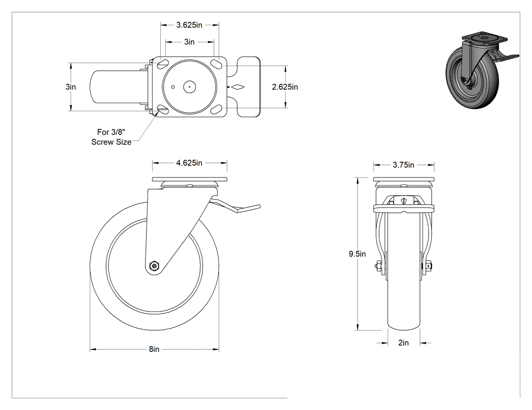 Teknik Çizim - 4-5/8" x 3-3/4" Plakalı Kolay Dönen Tekerlek, Yüksek Kapasiteli, Kilitli Döner Ayak ve 8 inç Çapında Gri Poliüretan Tekerlek