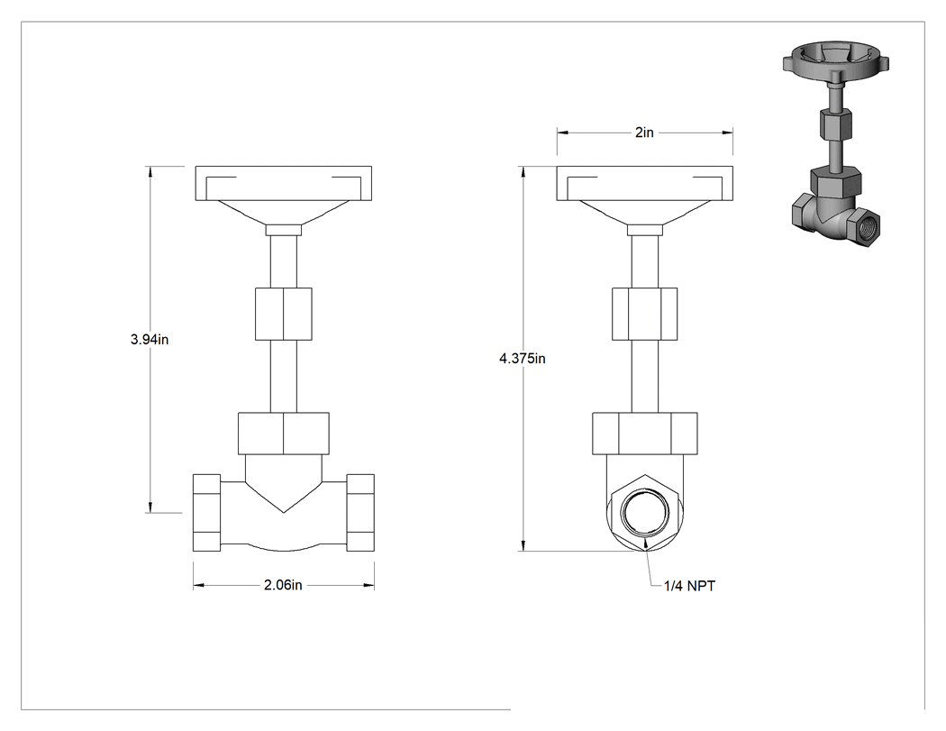 Teknik Çizim - Tekerlek Saplı Bronz Akış Ayar Vanası, Düz, PTFE Disk, 1/4 NPT Dişi