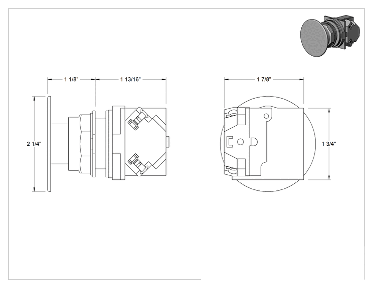 Teknik Çizim - 30 mm Panel Montajlı Anahtar, Premium, Mantar Şeklinde Basma Düğmesi, SPST-NO, Kırmızı