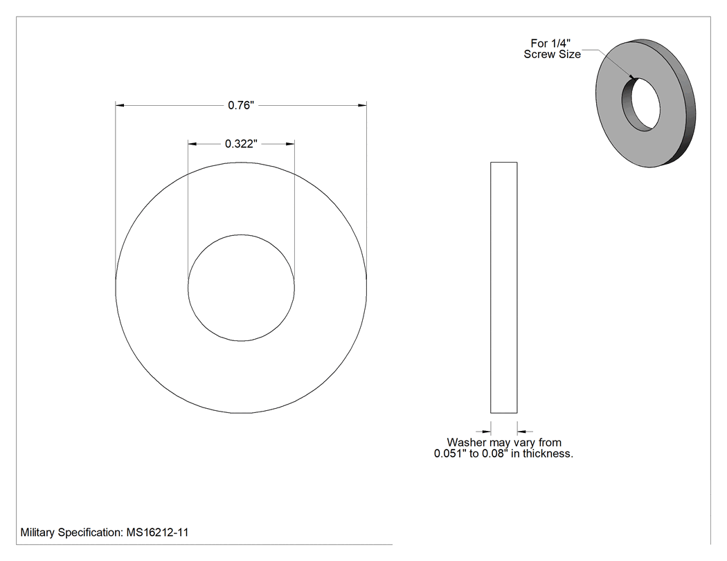 Teknik Çizim - 18-8 Paslanmaz Çelik MIL. Spesifikasyonlu Pul, 1/4" Vida Boyutu için, 0.322" İç Çap, 0.760" Dış Çap, MS16212-11