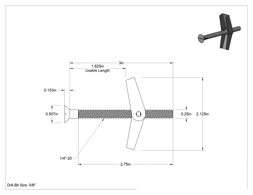 Teknik Çizim - Havşa Başlı Kelebek Cıvataları, 1/4" Çap, 3" Uzunluk