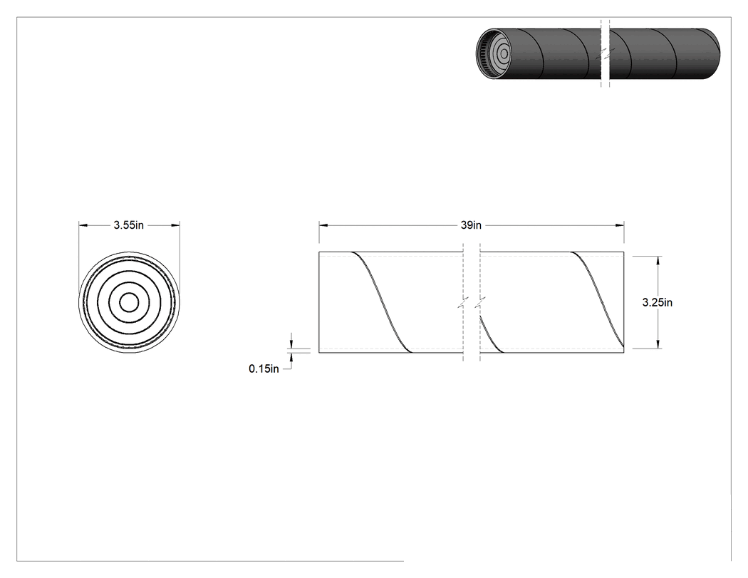 Teknik Çizim - Presli Uç Kapaklı Yuvarlak Nakliye Tüpü, 3-1/4" İç Çap, 39" İç Uzunluk