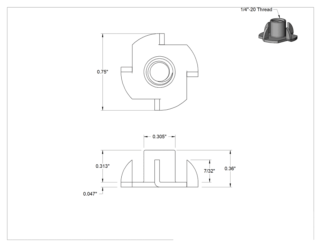 Teknik Çizim - Ahşap için Vidalı Kilitli T Somun Ekleri, Çinko Kaplı Çelik, 1/4"-20 Diş Boyutu, 0.360" Takılı Uzunluk