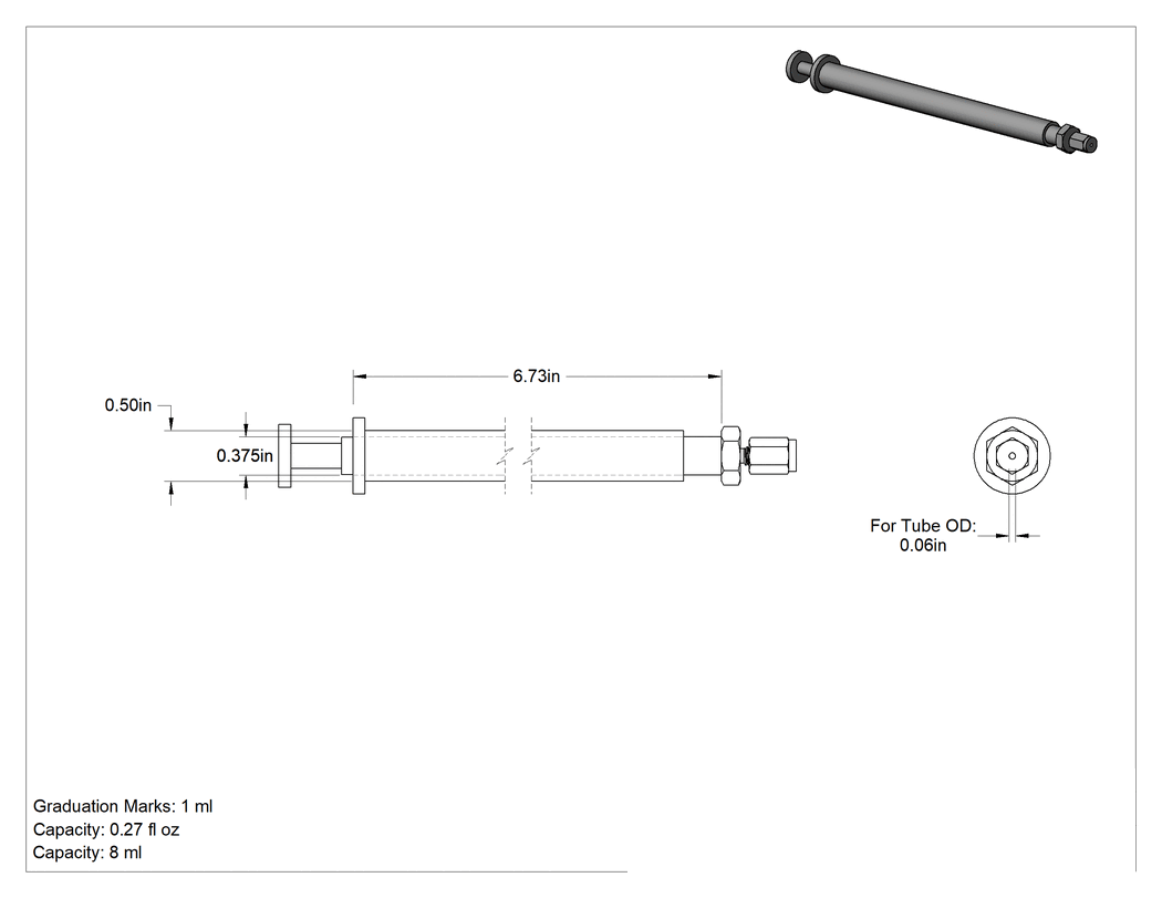 Teknik Çizim - Paslanmaz Çelik Şırınga, 8 ml Kapasite, 1/16" Boru Dış Çapı için