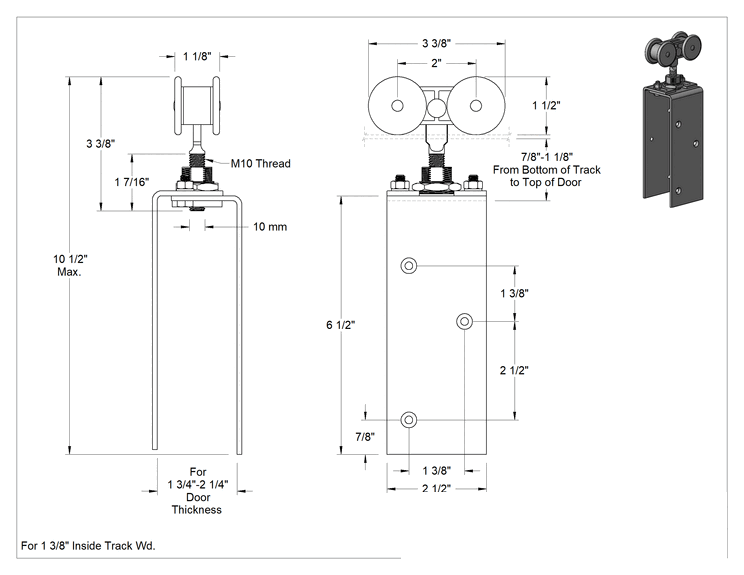 Teknik Çizim - Kapılar için 1-3/8" İç Genişlikli Makaralı Ray için Montaj Plakalı Paslanmaz Çelik Askı