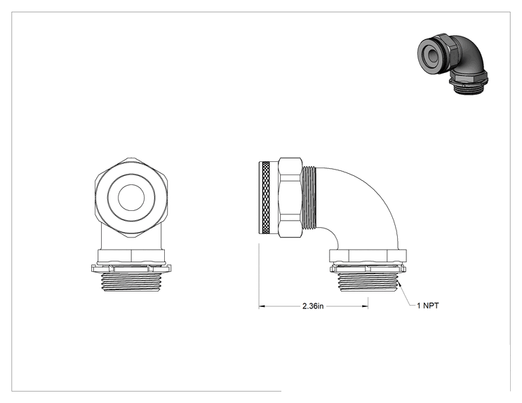 Teknik Çizim - 90 Derece Dirsek Alüminyum Dalgıç Kablo Tutucu, 0.5" ila 0.562" Kablo Dış Çapı için, 1 Delik Açma için