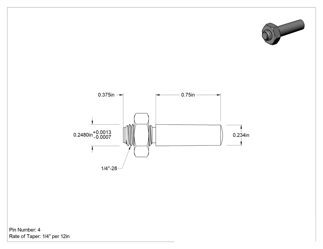 Teknik Çizim - 12L14 Karbon Çelik Dişli Konik Pim, 4 Numaralı Pim, 0.248 inç Genişliğinde Uç Çapı, 3/4" Uzunluk