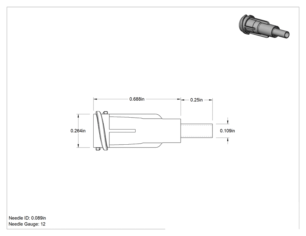 Teknik Çizim - Luer Lock Bağlantılı Paslanmaz Çelik Şırınga İğneleri, 1/4" İğne Uzunluğu, Küt Uçlu Düz, 12 G
