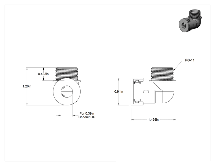 Teknik Çizim - Sürekli Esnek Plastik Kanal Bağlantı Parçası, 90 Derece, 0.39" Dış Çap Geçmeli Dişi x PG-11 PG Erkek için