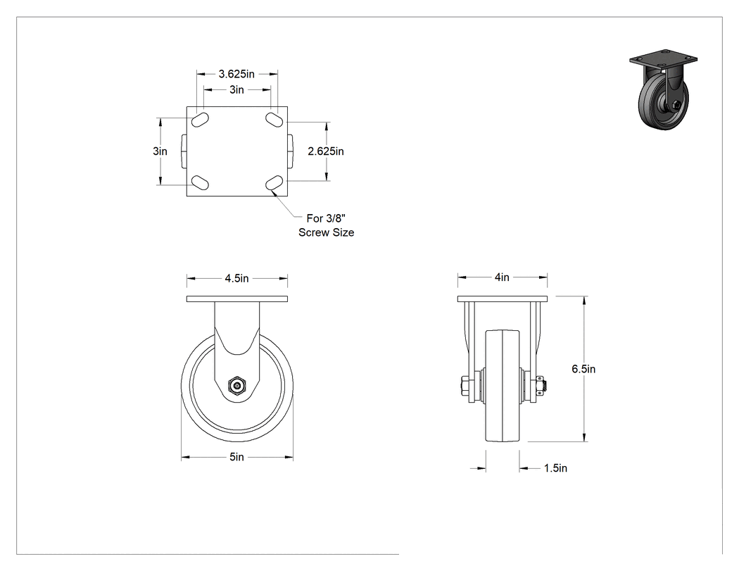 Teknik Çizim - 4-1/2" x 4" Plakalı Yüksek Kapasiteli Spartan Tekerlek, 5" x 1-1/2" Açık Rulmanlı Poliüretan Tekerlekli Sabit