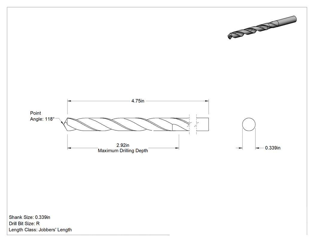 Teknik Çizim - Kaplamasız Yüksek Hız Çeliği Matkap Ucu, Jobber, R Uç Ölçüsü, 4-3/4" Toplam Uzunluk