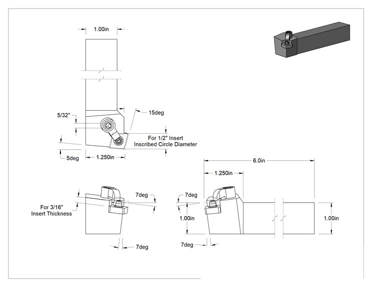 Teknik Çizim - Döner Karbür Uç Tutucu, Mcrn, Sağ Yönlü, 1/2" iç çaplı daire çapı için, 1" Şaft Genişliği