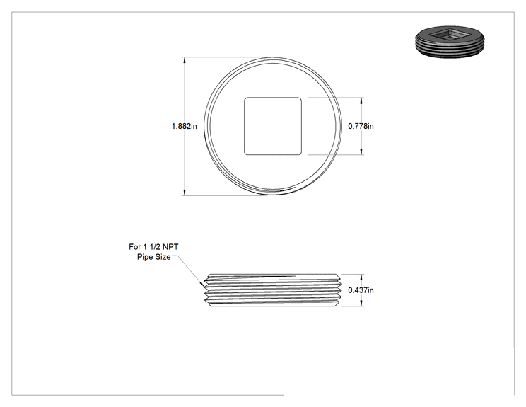 Teknik Çizim - Pirinç Temizleme Tapası, Gömme, 1-1/2 NPT için
