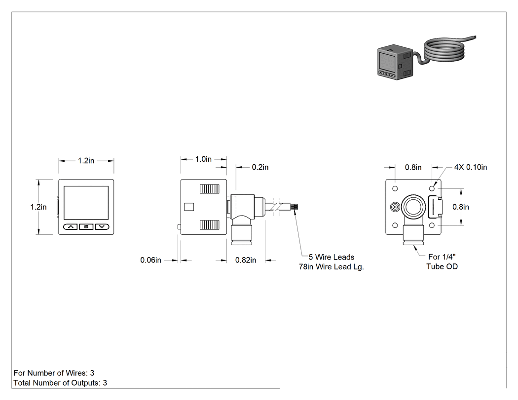 Teknik Çizim - Basınçlı Hava için Vakum Transmitteri, 1/4" Dış Çaplı Bas-Bağlan Tüp Bağlantısı, 1-5V DC Çıkış