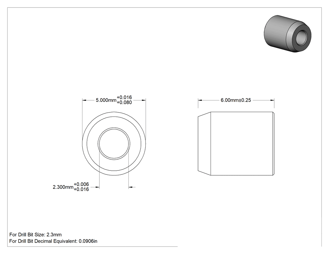 Teknik Çizim - Presle Takılan Matkap Burcu, 2.3mm İç Çap, 5mm Dış Çap, 6 mm Uzunluk