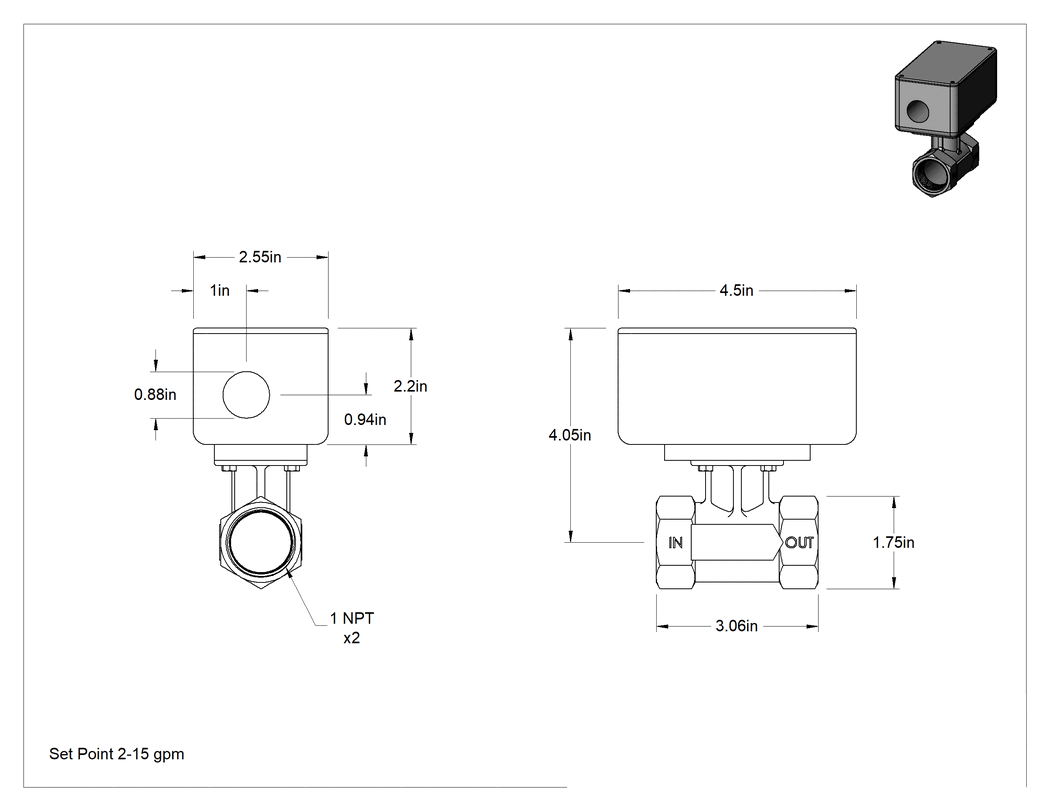 Teknik Çizim - Değişken Basınçlı Akış Anahtarı, 1 NPT Dişi, 2-15 gpm Ayar Noktası