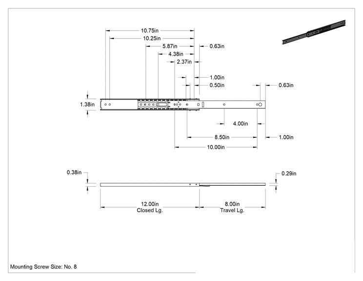 Teknik Çizim - Kilitli Açık Çekmece Kılavuzları, Kısmi Uzatma, 12" Kapalı Uzunluk