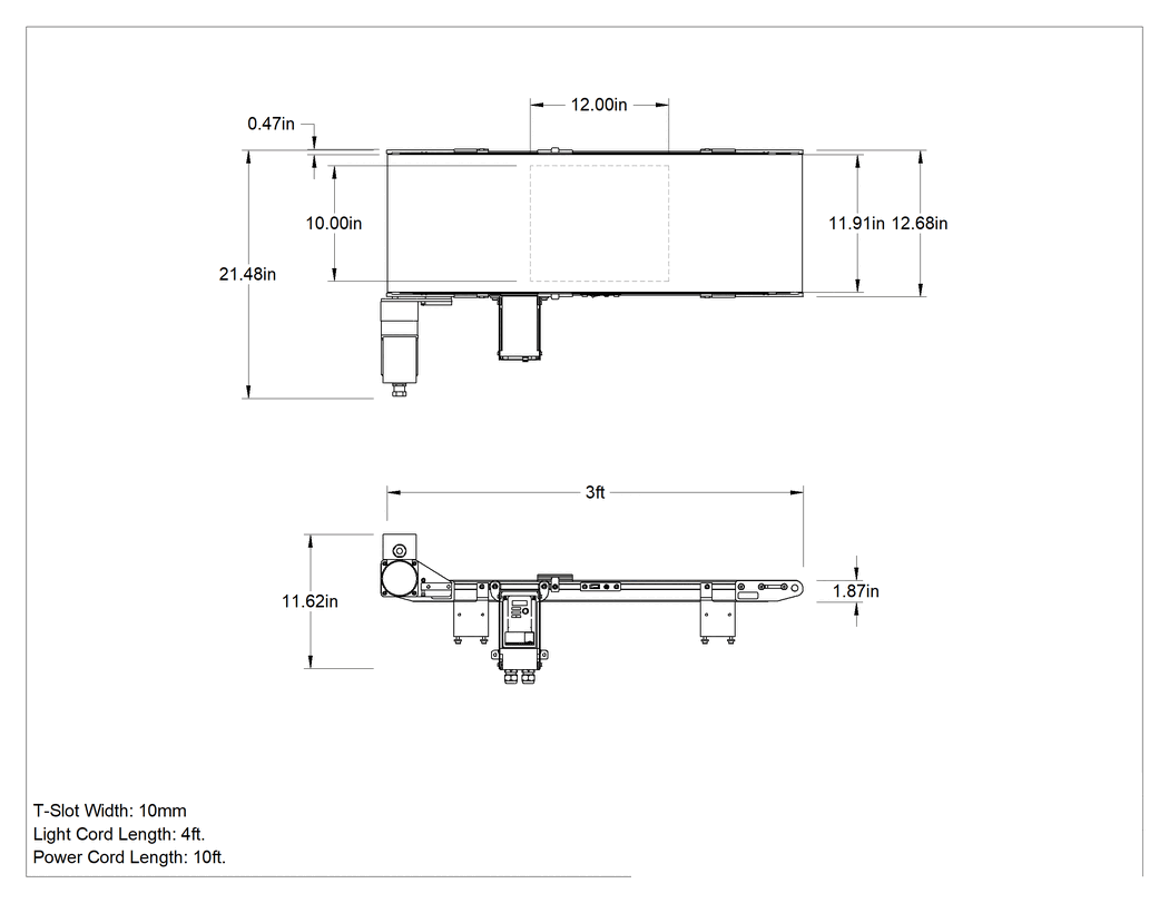 Teknik Çizim - Aydınlatmalı, Kullanıma Hazır Mini Bantlı Konveyör, 10-58 fpm, 12" Genişlikte Kayış, 3 Fit Uzunluk