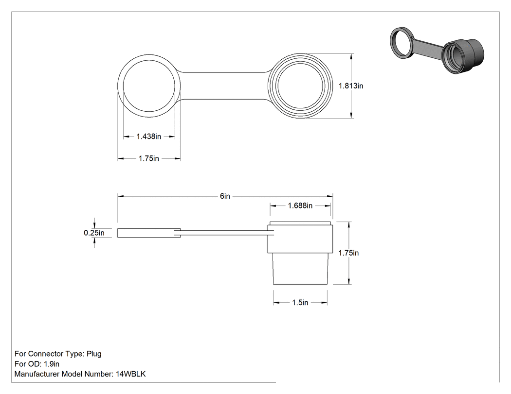 Teknik Çizim - Yıkanabilir Fiş ve Priz Elektrik Konektör Kapakları, Molex Numara 14Wblk, 1.9 inç dış çaplı yıkamaya dayanıklı turn-lock konektör için