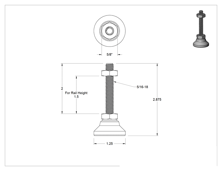 Teknik Çizim - 1-1/2" Raylı Yüksek Alüminyum Cıvatalı Çerçeve için Seviyelendirme Montaj Ayağı