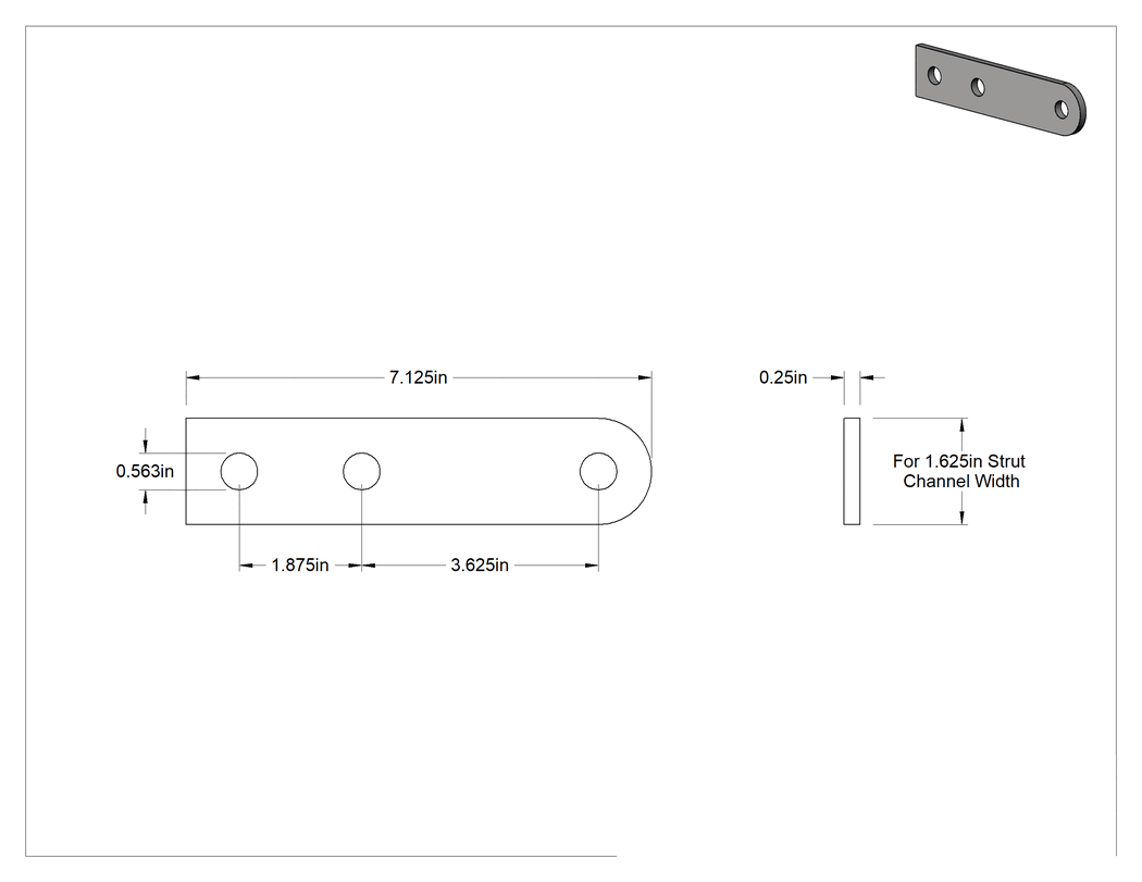 Teknik Çizim - Strut Kanalı Braketi, Her Açı, 304 Paslanmaz Çelik, 7-1/8" Uzunluk