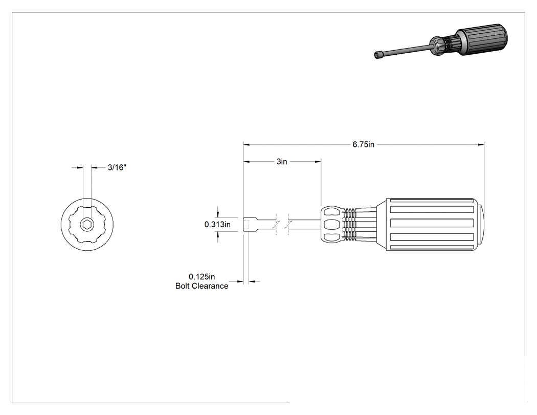 Teknik Çizim - Bağlantı Elemanı Tutucu Somun Anahtarı, 3/16" Boyut, 1/8" Cıvata Boşluğu
