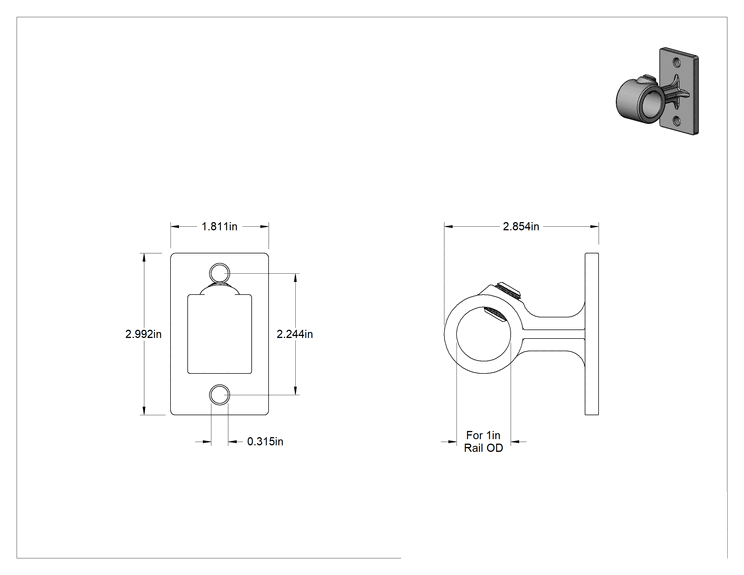 Teknik Çizim - Galvanizli Demir Kayar Ray Bağlantı Parçası, 1" Dış Çaplı Ray için Delikli Ray Desteği