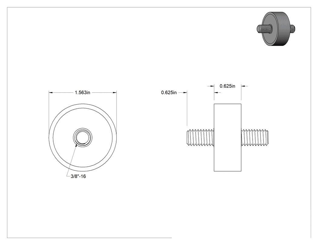 Teknik Çizim - Titreşim Sönümleyici Sandviç Montaj, 3/8"-16 Çelik Saplamalı Doğal Kauçuk, 375 lbs. Kapasite