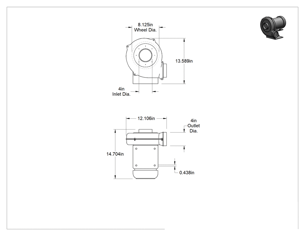 Teknik Çizim - Yüksek Çıkışlı Kıvılcım Dayanıklı Üfleyici, Tehlikeli Yerler için, 120/230V AC, 250 CFM @ 3" Su