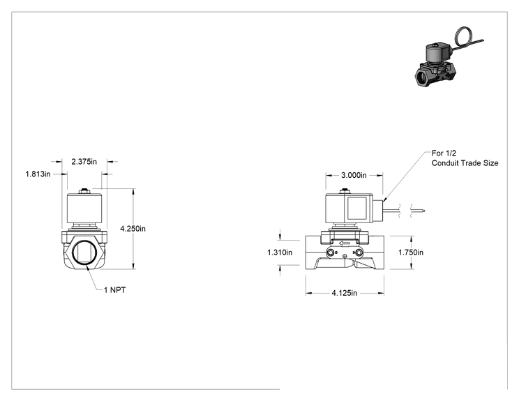 Teknik Çizim - Solenoid Açma/Kapama Vanası, Doğal Gaz için, Propan ve Bütan, 1 NPT Dişi