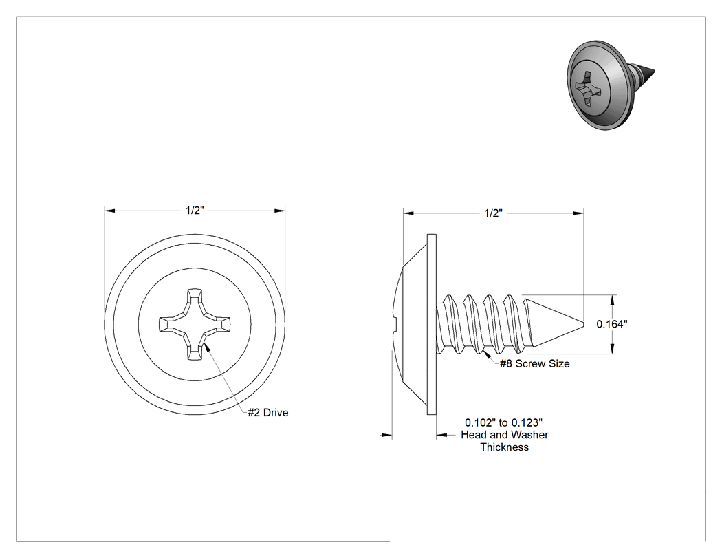 Teknik Çizim - Sac Metal için Pullu Yuvarlak Başlı Vidalar, Siyah Oksit Çelik, Numara 8 Boyut, 1/2" Uzunluk