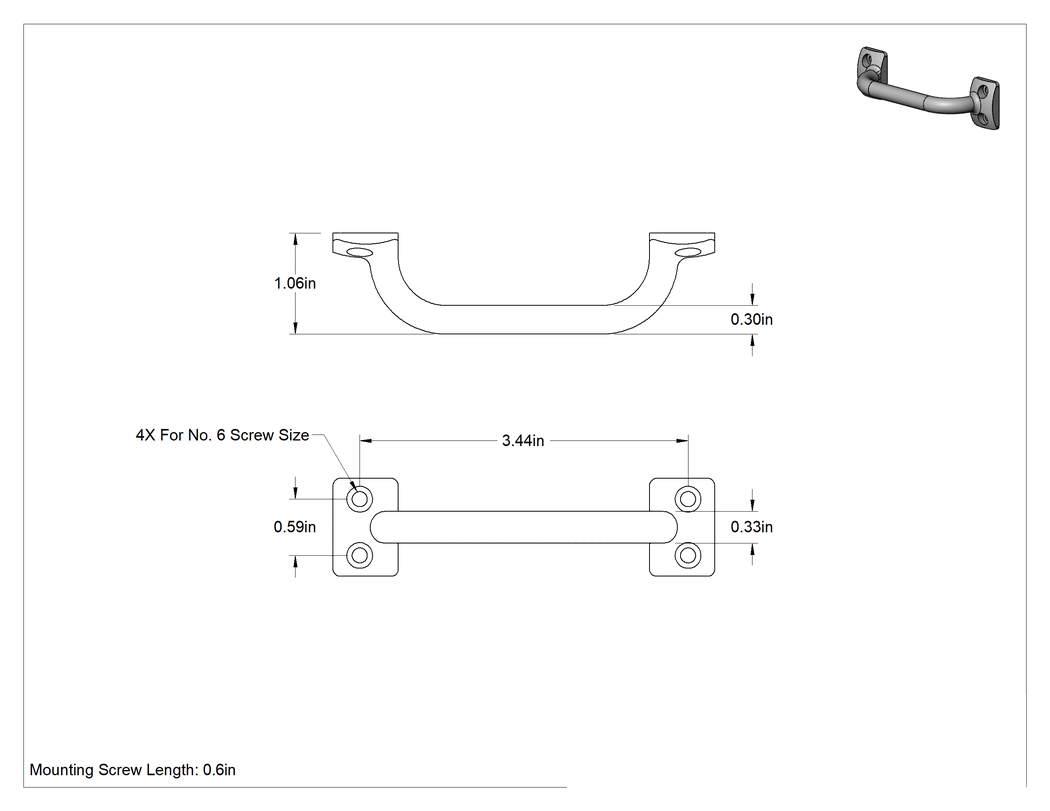 Teknik Çizim - Dişsiz Delikli Oval Çekme Kolu, Pirinç, 3-7/16" Merkezden Merkeze Genişlik