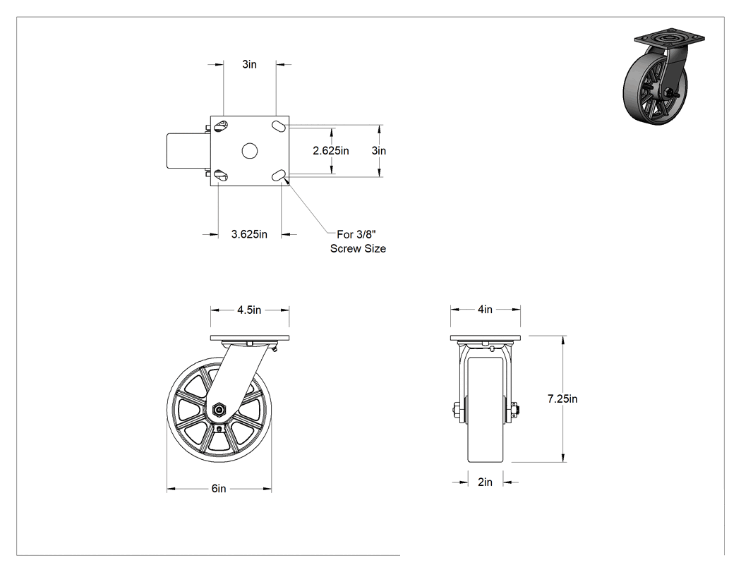 Teknik Çizim - 4-1/2" x 4" Plakalı Yüksek Kapasiteli Spartan Tekerlek, 6 inç Çapında Açık Rulmanlı Metal Tekerlekli Döner Ayak