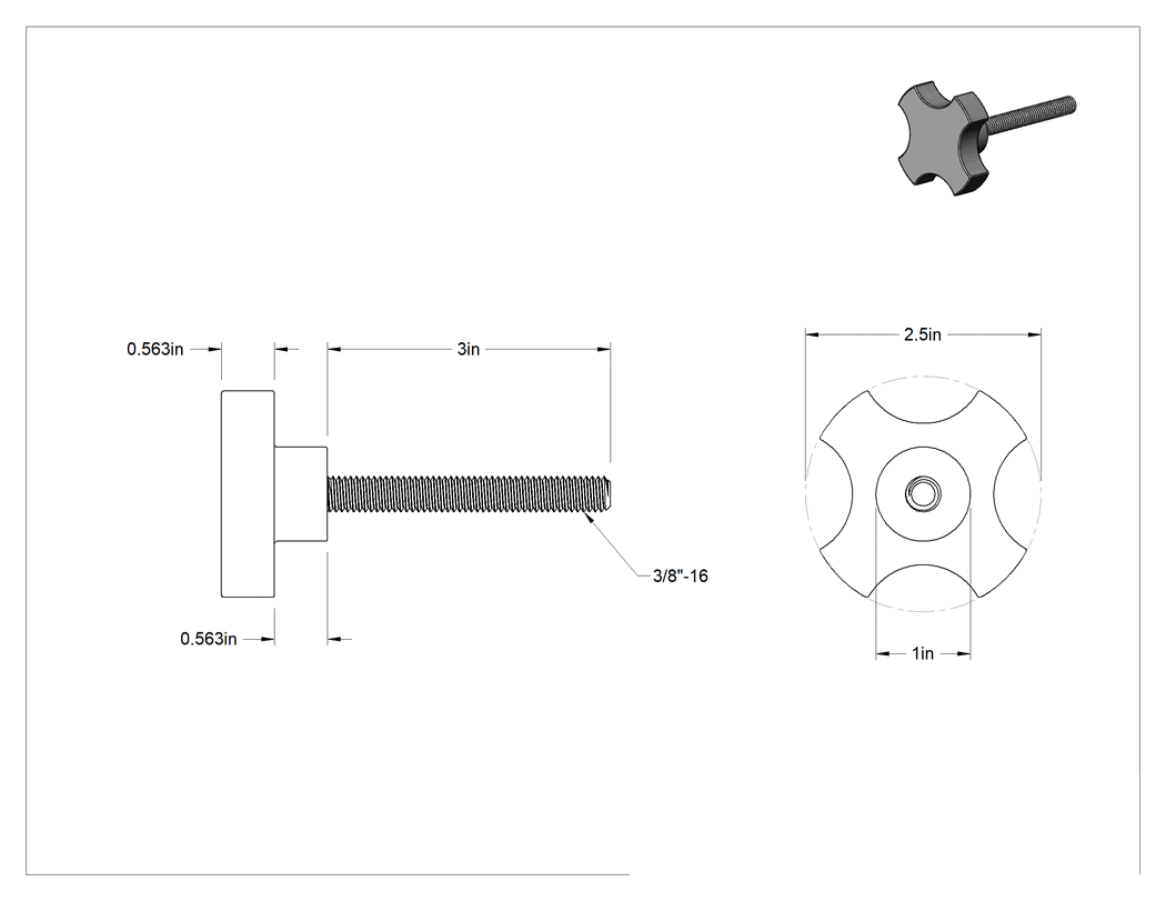 Teknik Çizim - 3/8"-16 Dişli 3" Uzunlukta Saplamalı Pirinç 4 Kollu Topuz