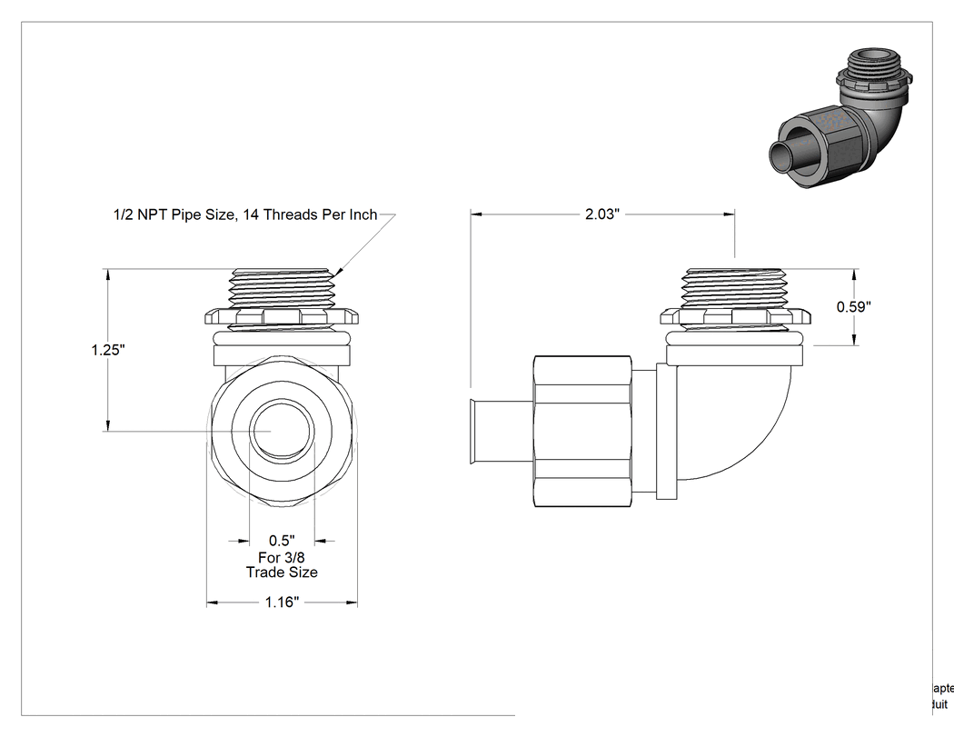 Teknik Çizim - 3/8 Dişi x 1/2 NPT Erkek Çelik 90 Derece Adaptör, Sürekli Esnek Sıvı Geçirmez Plastik Kanal için