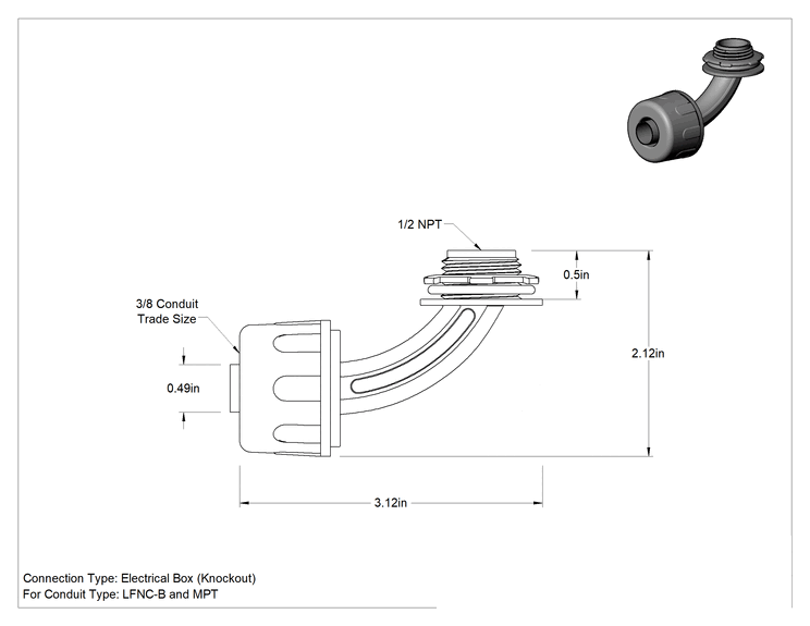 Teknik Çizim - Sıvı Geçirmez Esnek Plastik Kanal Adaptörü, 90 Derece Dirsek, 3/8 Geçmeli Dişi x 1/2 NPT Erkek, Gri