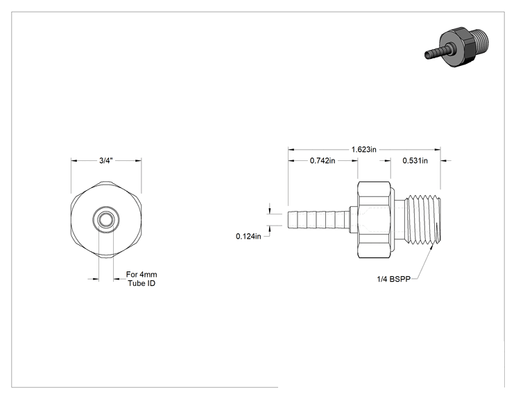 Teknik Çizim - Gıda ve İçecek için Paslanmaz Çelik Tırnaklı Boru Bağlantı Parçası, 4 mm Boru İç Çapı için Düz Adaptör, 1/4 BSPP Erkek