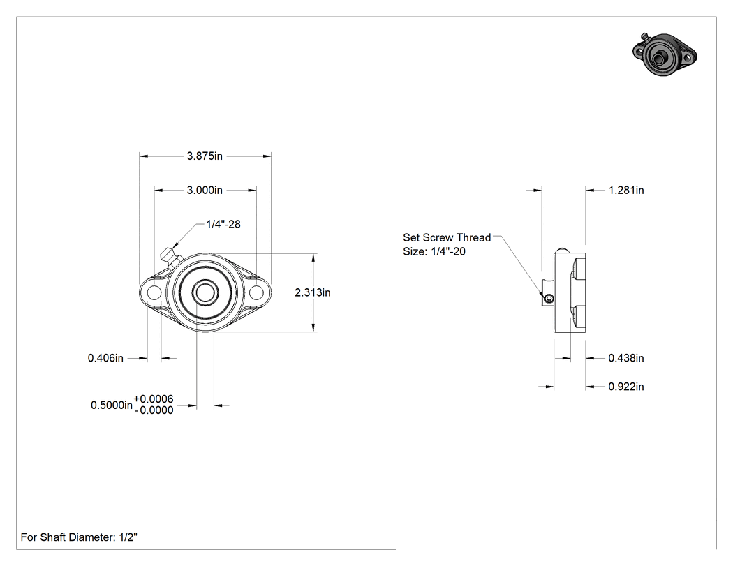 Teknik Çizim - İki Cıvatalı Flanşlı Yüksek Sıcaklık Montajlı Bilyalı Rulman, 1/2" Mil Çapı için