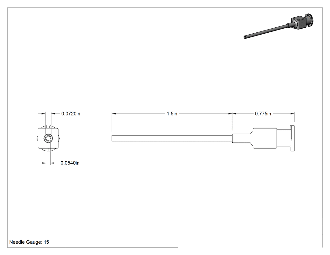 Teknik Çizim - Luer Lock Bağlantılı Polipropilen Şırınga İğnesi, 1-1/2" Uzunlukta 15 G İğne