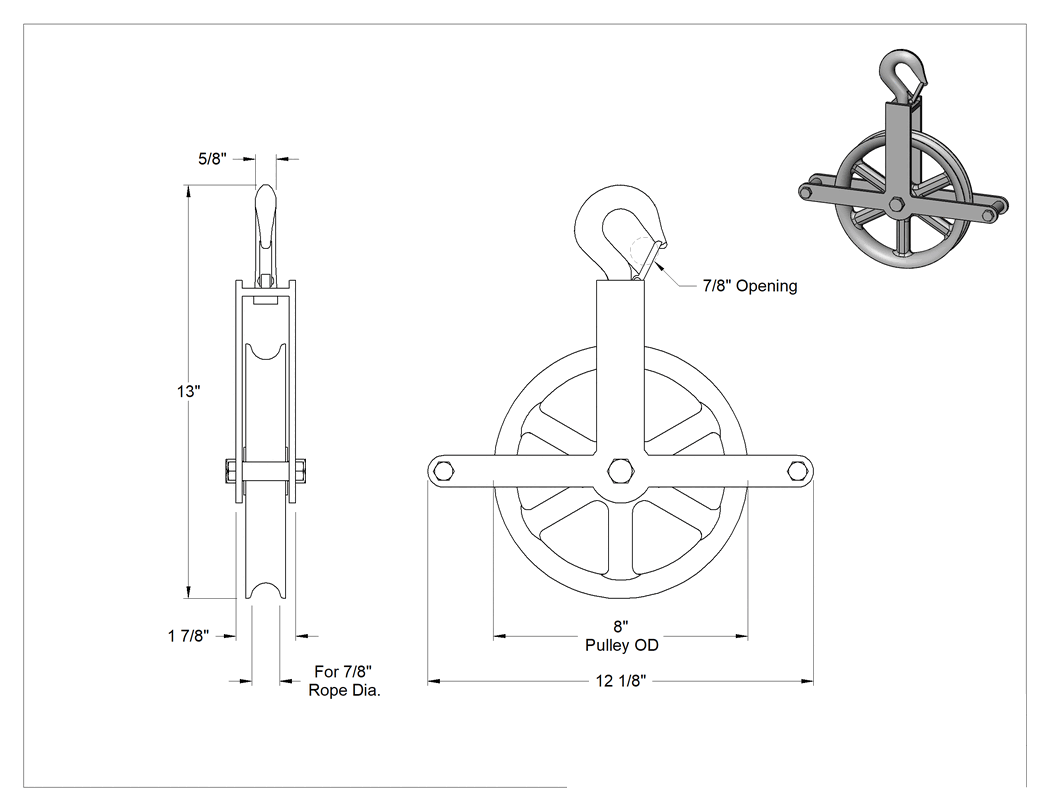 Teknik Çizim - Kaldırma Halatı için Asma Makarası, Rulmanlı Tek Oluklu, 7/8" Çaplı Halat için, 8" Dış Çap