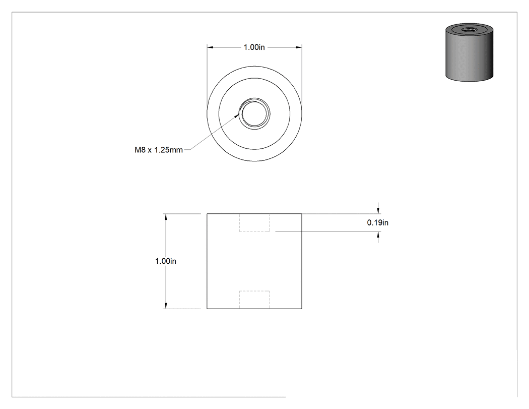 Teknik Çizim - Neopren Titreşim Sönümleyici Sandviç Montaj, M8 x 1.25 mm Dişli Çelik Ek Parça ile, 55 lbs. Kapasite