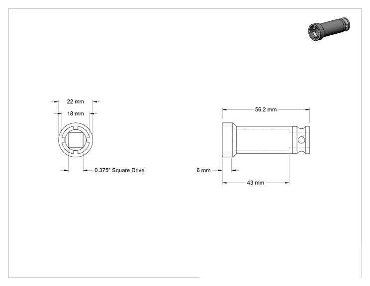 Teknik Çizim - Anahtar Soketi, 4-Pin, 3/8" Tahrik, 18 mm Boyut, 56.200 mm Uzunluk, M10 Somun için