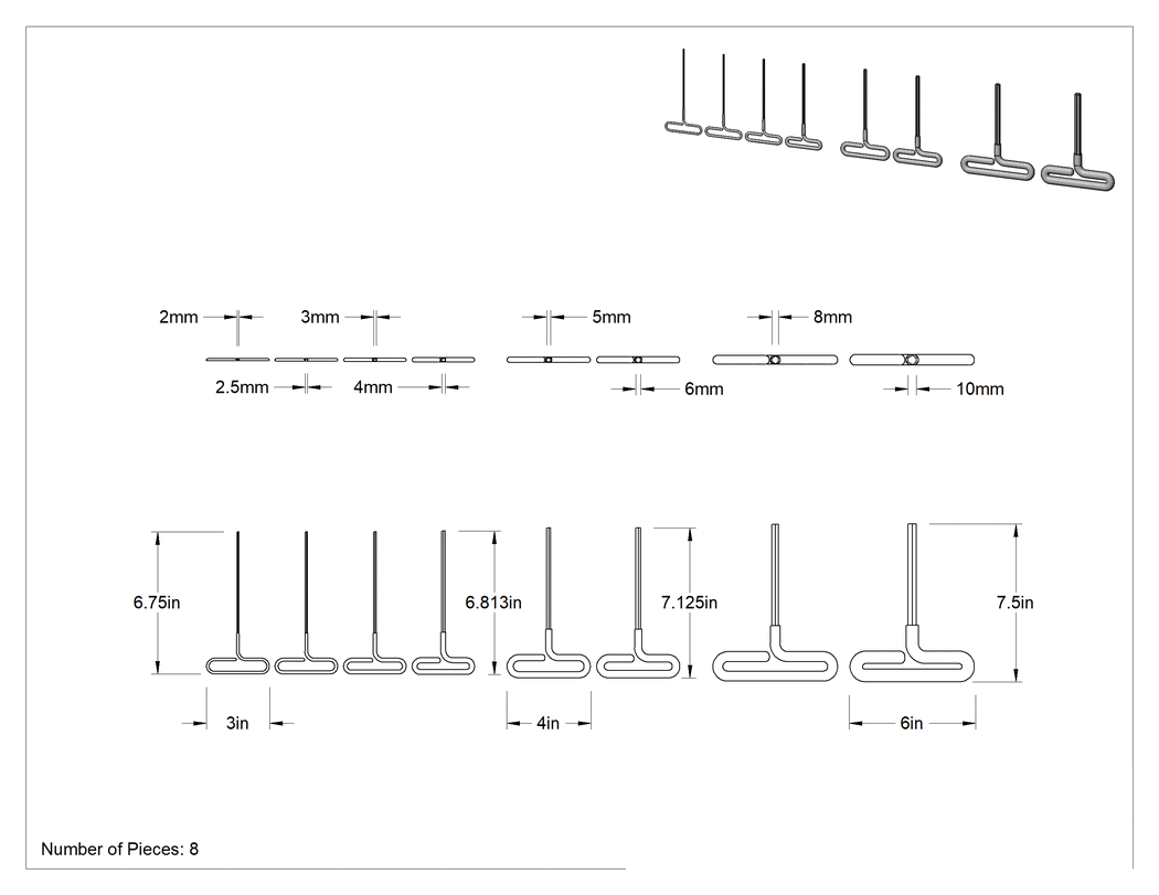 Teknik Çizim - Yastıklı Tutamaklı Döngü T-Saplı Altıgen Anahtar, 8 Parça Set, Metrik, Standart Uzunluk