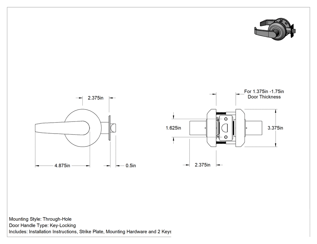 Teknik Çizim - Sargent 6500 Kapı Kolu, LA Yiv, Anahtar Kilitli, 2-3/8" Boğaz Mesafesi