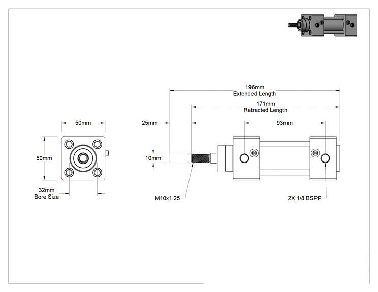 Teknik Çizim - Paslanma ve Aşınmaya Dayanıklı ISO Bağlantı Çubuğu Hava Silindiri, 32 mm Delik Boyutu, 25 mm Strok Uzunluğu