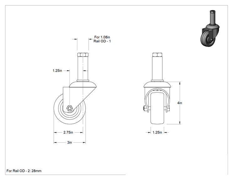 Teknik Çizim - 1.08" Dış Çaplı Kelepçeli Çerçeve Rayı için Döner Saplı Tekerlek Montaj Ayağı