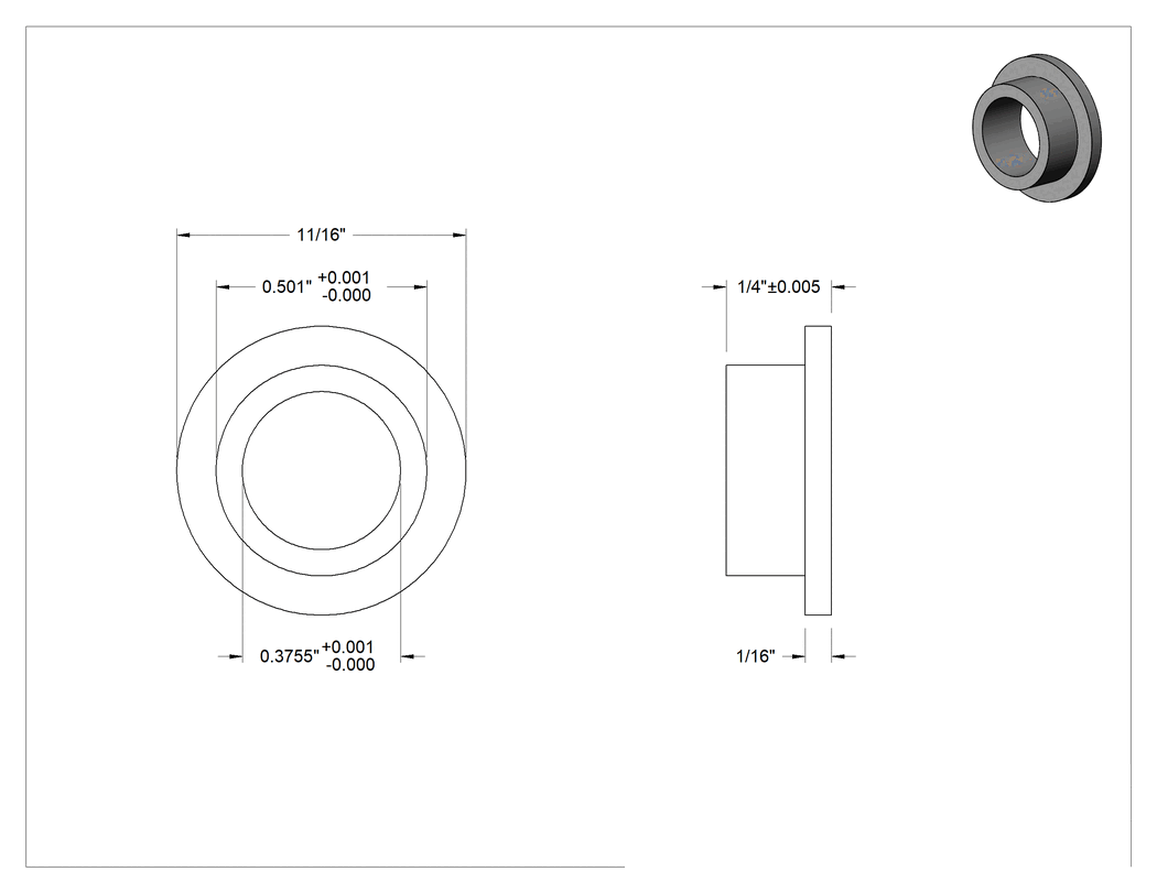 Teknik Çizim - Sertifikalı Yağ Dolgulu Burçlu Yatak, 3/8" Mil Çapı ve 1/2" Gövde İç Çapı için Flanşlı, 1/4" Uzunluk